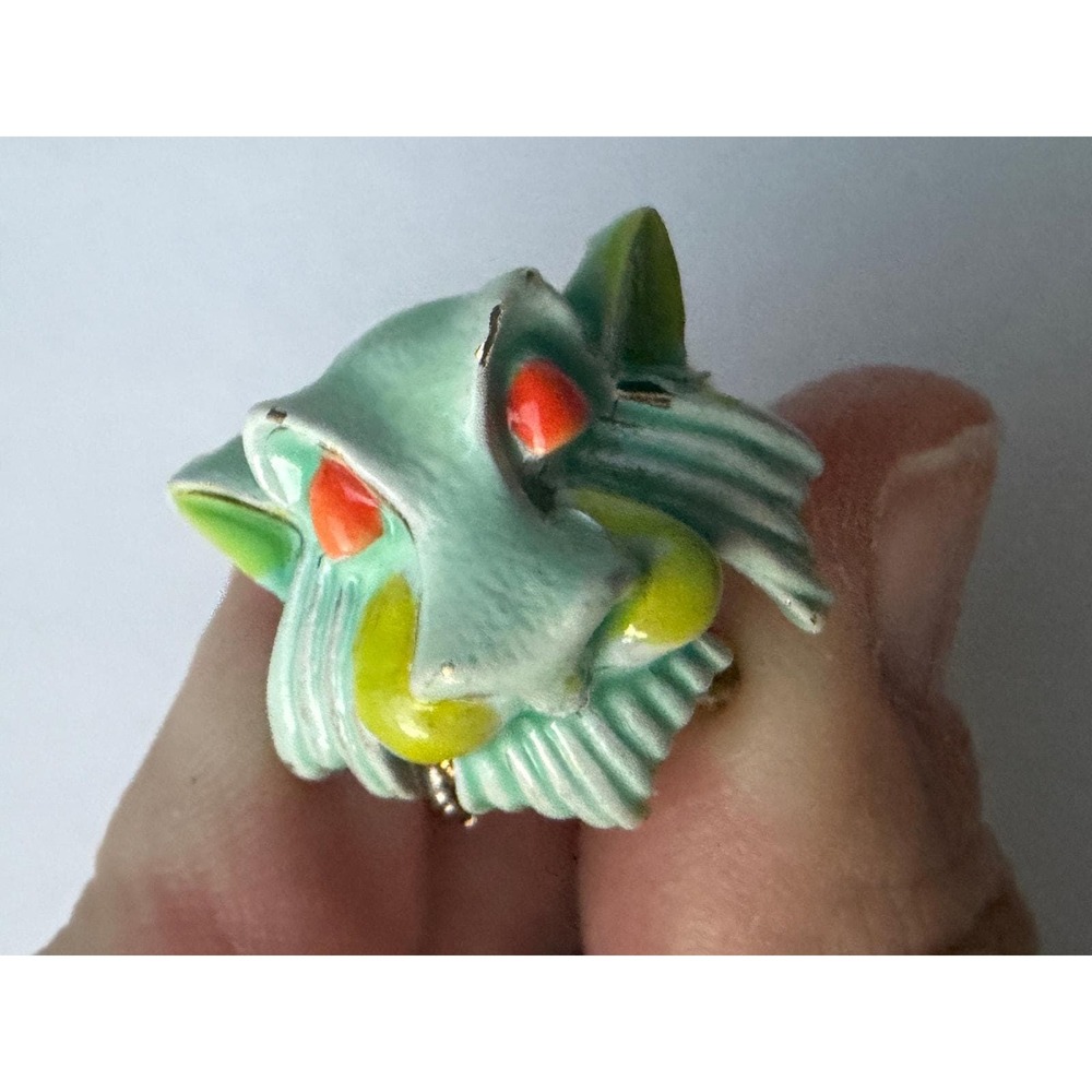 Vintage ART Asian Foo Dog Scarf Ring Gold Tone Enamel 1940-1970 Pastel